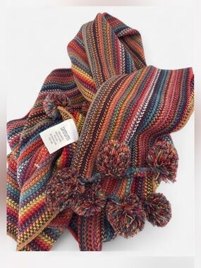 Tantrums Vibrant Multicolor Long Striped Knit Scarf with Pom Poms